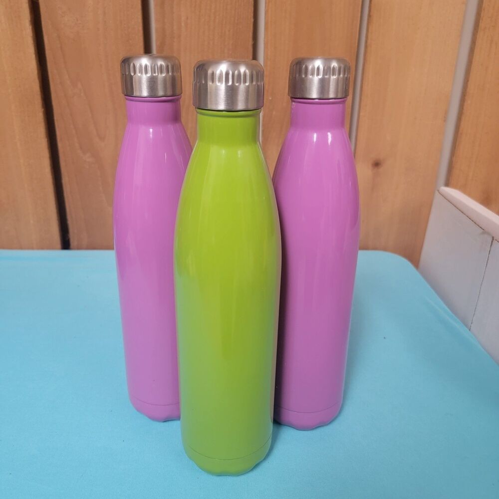 Lot Of 3 HD Designs Stainless Steel Water Bottles 12.5" Tall Green Pink New
